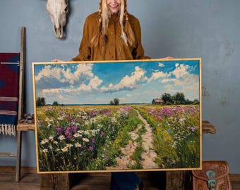 Wildflower Meadow Framed Canvas Print, Vibrant Nature Art, Rustic Country Landscape, Blue Sky Painting, Countryside Canvas Art Ready to Hang