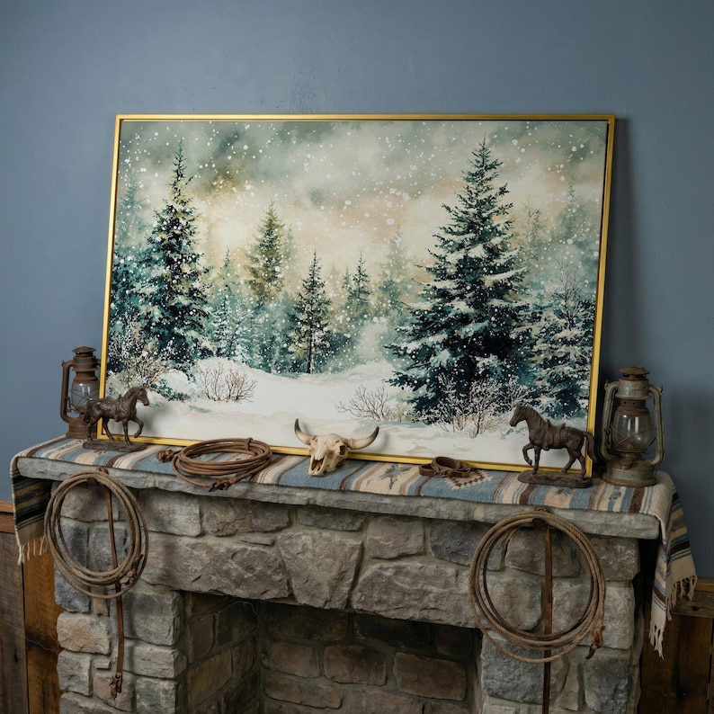 Snowy Forest Landscape - Framed Canvas Print - Rustic Wall Art, Winter ...