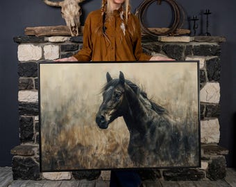 Wild Horse Freedom Canvas Wall Art: Black Equine Painting Print, Rustic Animal Decor