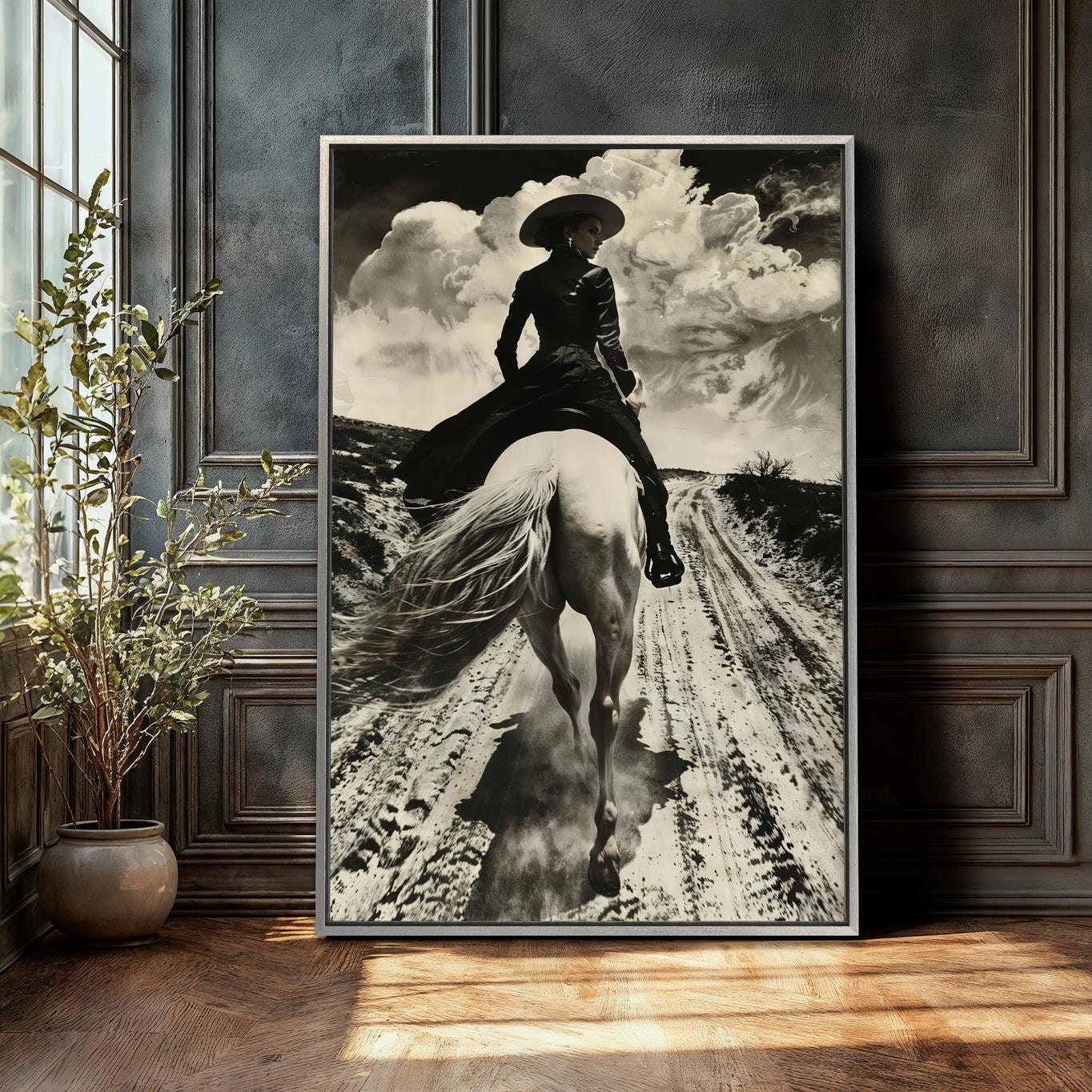 Black and White Horseback Rider Woman Framed Canvas Wall Art Rustic ...