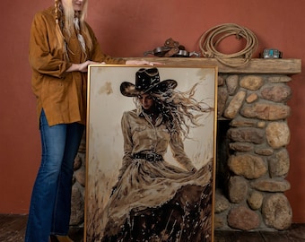 Vintage Cowgirl - Framed Canvas Print, Rustic Wall Art, Western Decor, Country Painting, Living Room Art, Ready to Hang, Gift for Her