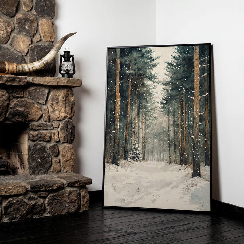 Serene Winter Forest Scene - Framed Canvas Print, Rustic Wall Art ...