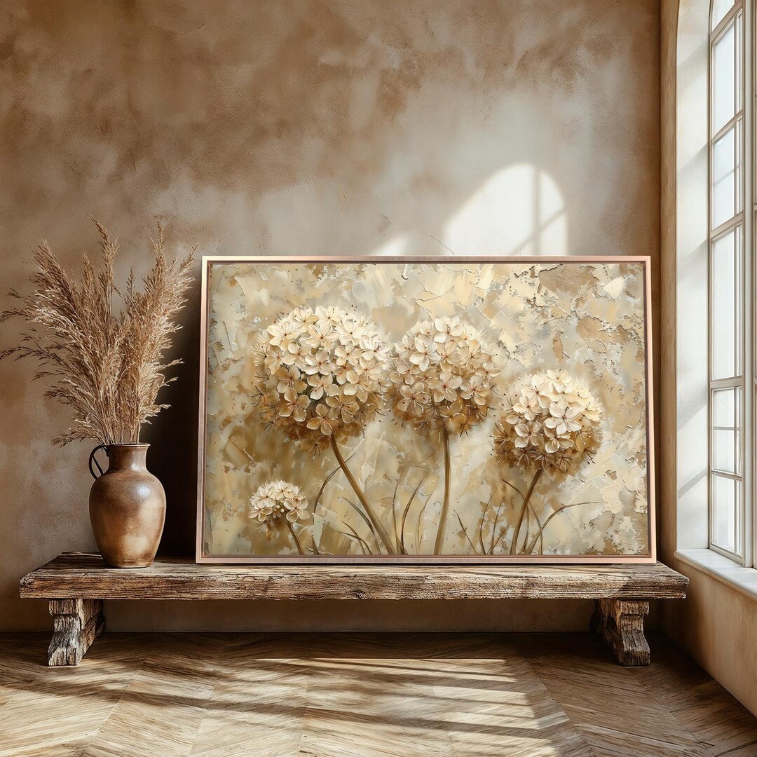 Stunning Hydrangea Framed Canvas Wall Art Abstract Beige Flowers ...