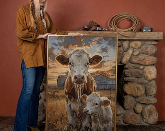 Rustic Farm Life Scene Framed Canvas Wall Art Cow and Calf Grazing in a Meadow Painting Print Barn Poster Animal Decor Gift Ready to Hang