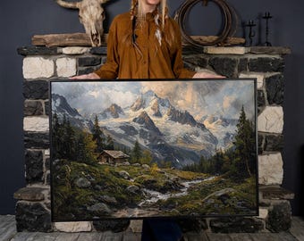 Mountain Snowy Peaks Framed Canvas Wall Art Alpine Scenery Painting Print Wooden Cabin Poster Wilderness Decor Gift for Home Ready to Hang