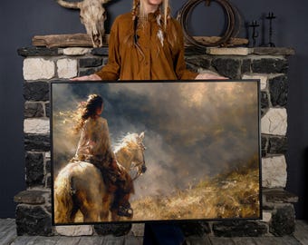Woman Riding White Horse Canvas Art: Sunlit Autumn Landscape Painting Print
