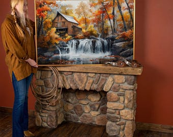 Autumn Waterfall Cabin Canvas Wall Art – Framed Forest Painting Print