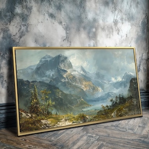 Mountain Landscape Framed Canvas Wall Art Snow Capped Peaks Painting ...