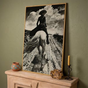 Black and White Horseback Rider Canvas Art: Rustic Cowgirl Painting Print, Equestrian Poster image 19
