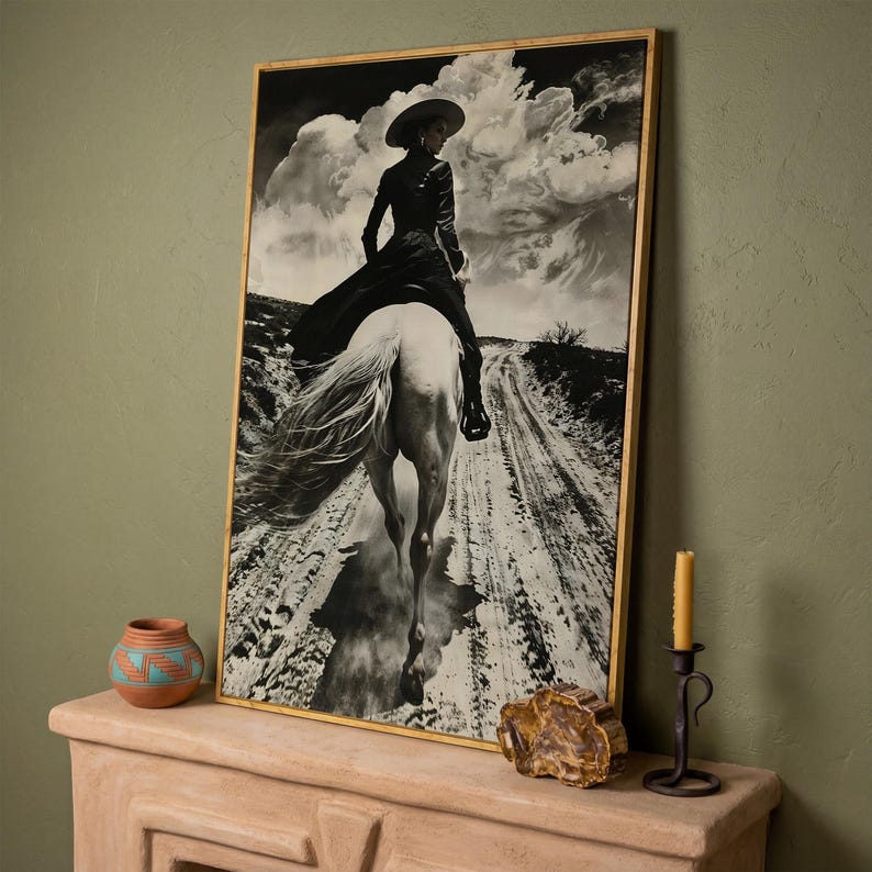 Black and White Horseback Rider Canvas Art: Rustic Cowgirl Painting Print, Equestrian Poster image 19