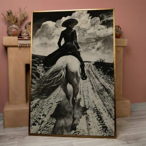 Black and White Horseback Rider Canvas Art: Rustic Cowgirl Painting Print, Equestrian Poster Rose Gold Frame