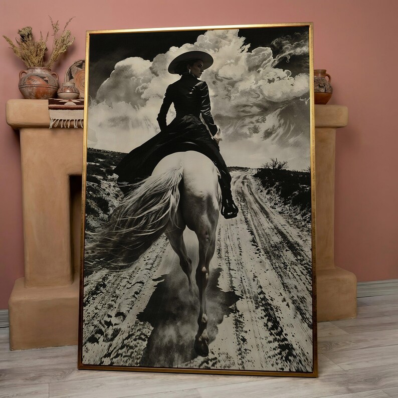 Black and White Horseback Rider Canvas Art: Rustic Cowgirl Painting Print, Equestrian Poster Rose Gold Frame
