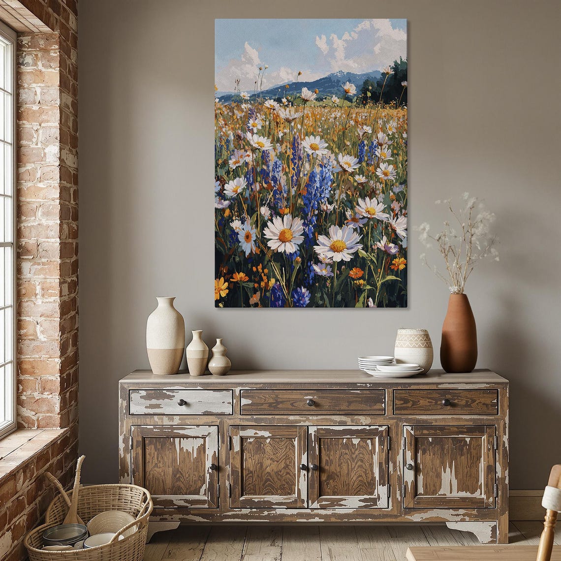 Rustic Wildflower Art Framed Canvas Print, Modern Landscape Art With ...