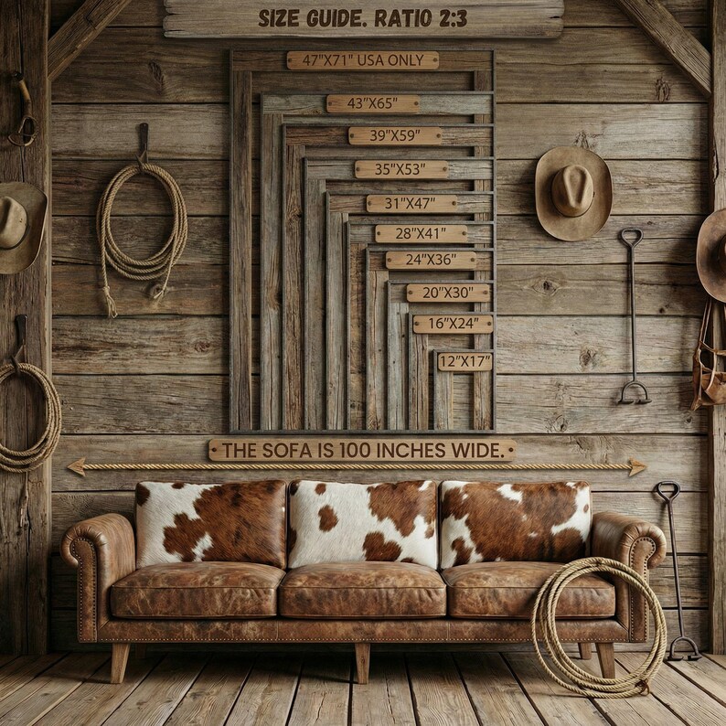 May include: A rustic living room scene featuring a brown leather sofa with cowhide pillows. The sofa is 100 inches wide. Wooden wall with size guide for frames. Cowboy hat and rope add to the Western theme.
