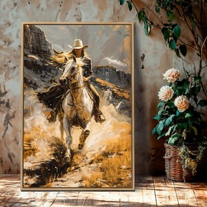 Dynamic Country Cowgirl Framed Canvas Wall Art Galloping Horse Painting