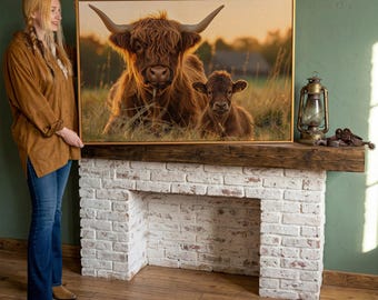 Cute Highland Cow Framed Canvas Wall Art Horned Cattle Rural Landscape Print Scottish Animal Poster Farm Life Decor Gift Ready to Hang