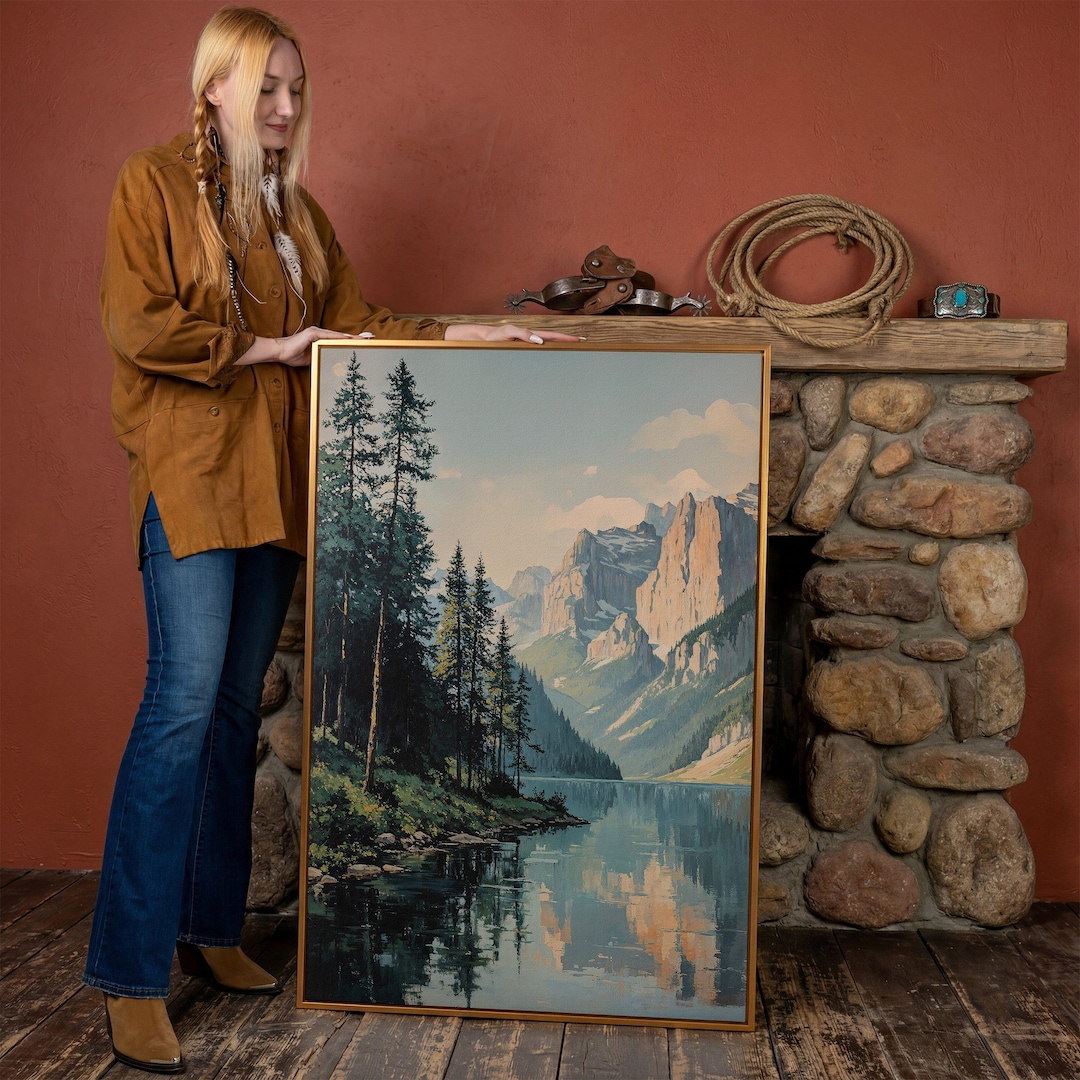Framed Mountain Lake Landscape Canvas Print – Forest Scene, Rustic ...
