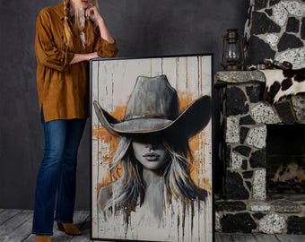 Rustic Cowgirl Art - Framed Canvas Print, Western Wall Art, Female Portrait Painting Print, Living Room Decor, Ready to Hang, Gift Idea