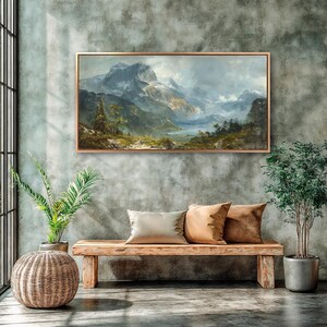 Mountain Landscape Framed Canvas Wall Art Snow Capped Peaks Painting ...