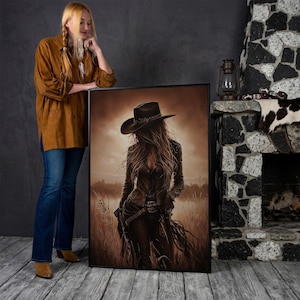 Cowgirl Framed Canvas Print, Iconic Rustic Wall Art, Wild West Decor – Western Style Art, Country Landscape, Ready to Hang, Unique Gifts