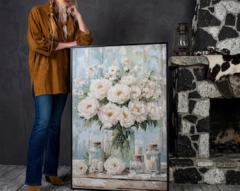 White Peony Bouquet Framed Canvas Print – Rustic Shabby Chic Floral Art, Ready to Hang
