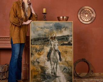 Cowgirl Horseback Riding Framed Canvas Art, Rural Landscape Painting Print Poster