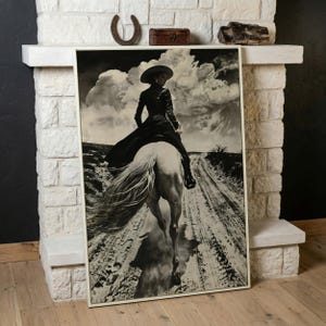 Black and White Horseback Rider Canvas Art: Rustic Cowgirl Painting Print, Equestrian Poster White Frame