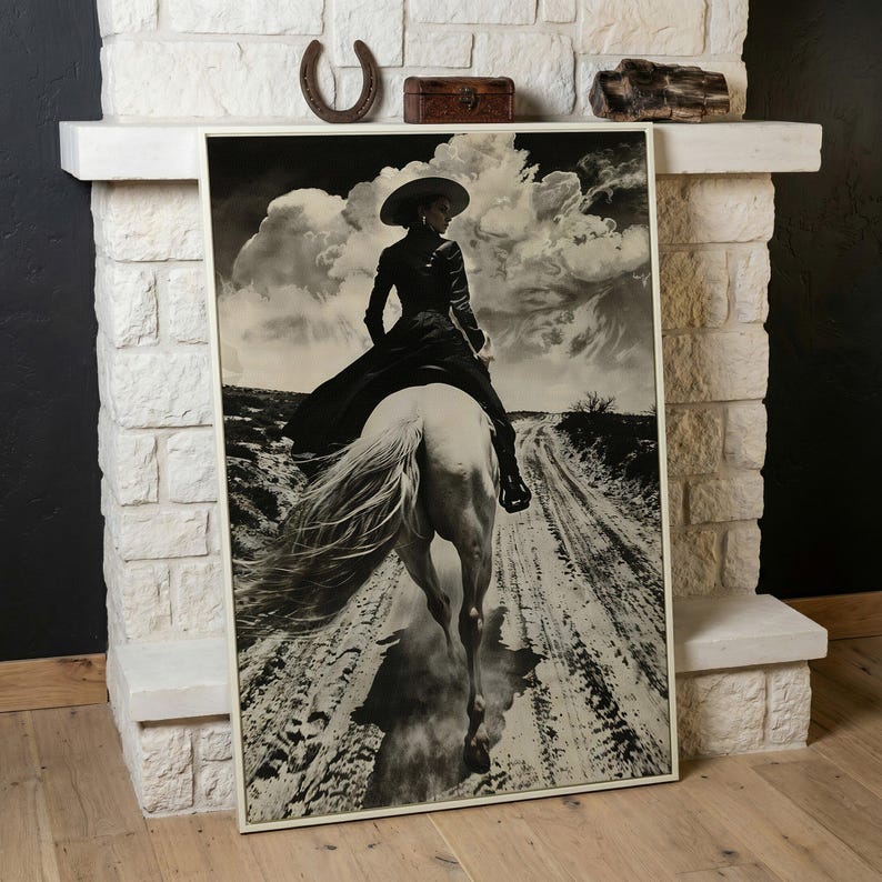 Black and White Horseback Rider Canvas Art: Rustic Cowgirl Painting Print, Equestrian Poster White Frame