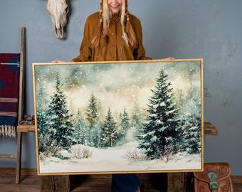 Snowy Forest Landscape - Framed Canvas Print - Rustic Wall Art, Winter Scenery Painting, Snow Canvas Print, Ready to Hang, Cozy Home Decor