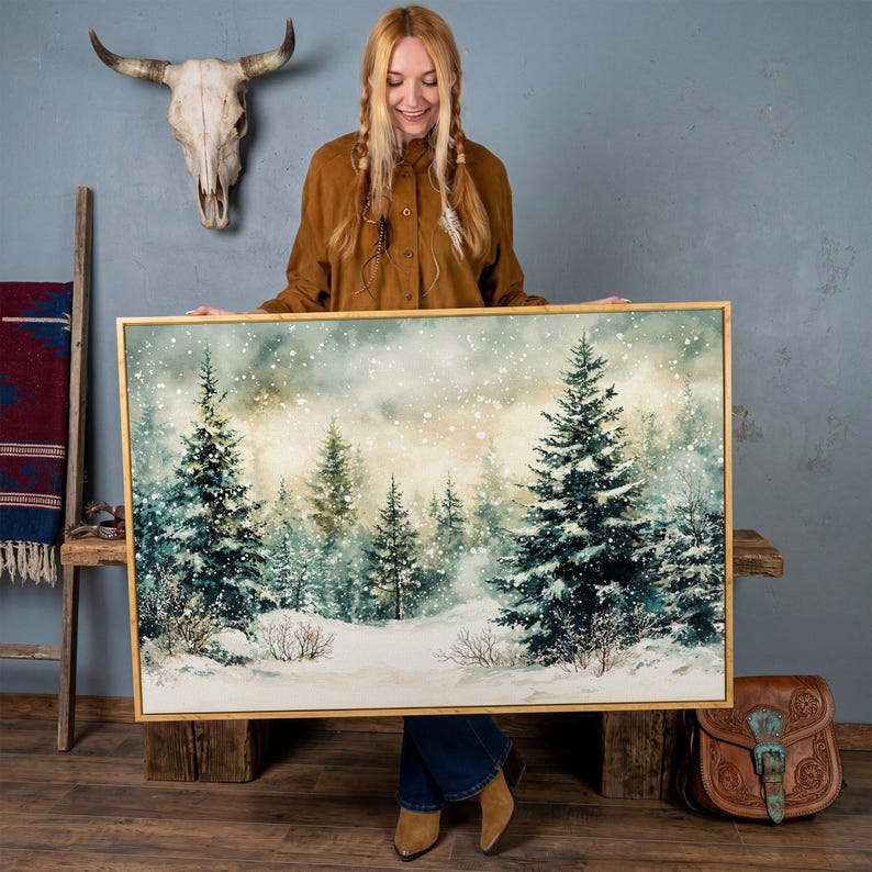 Snowy Forest Landscape - Framed Canvas Print - Rustic Wall Art, Winter ...