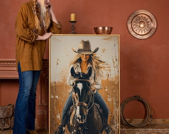 Wild West Cowgirl Ride Framed Canvas Print, Equestrian Art, Rustic Western Decor, Horseback Adventure Print, Horse Lover Gift, Ready to Hang