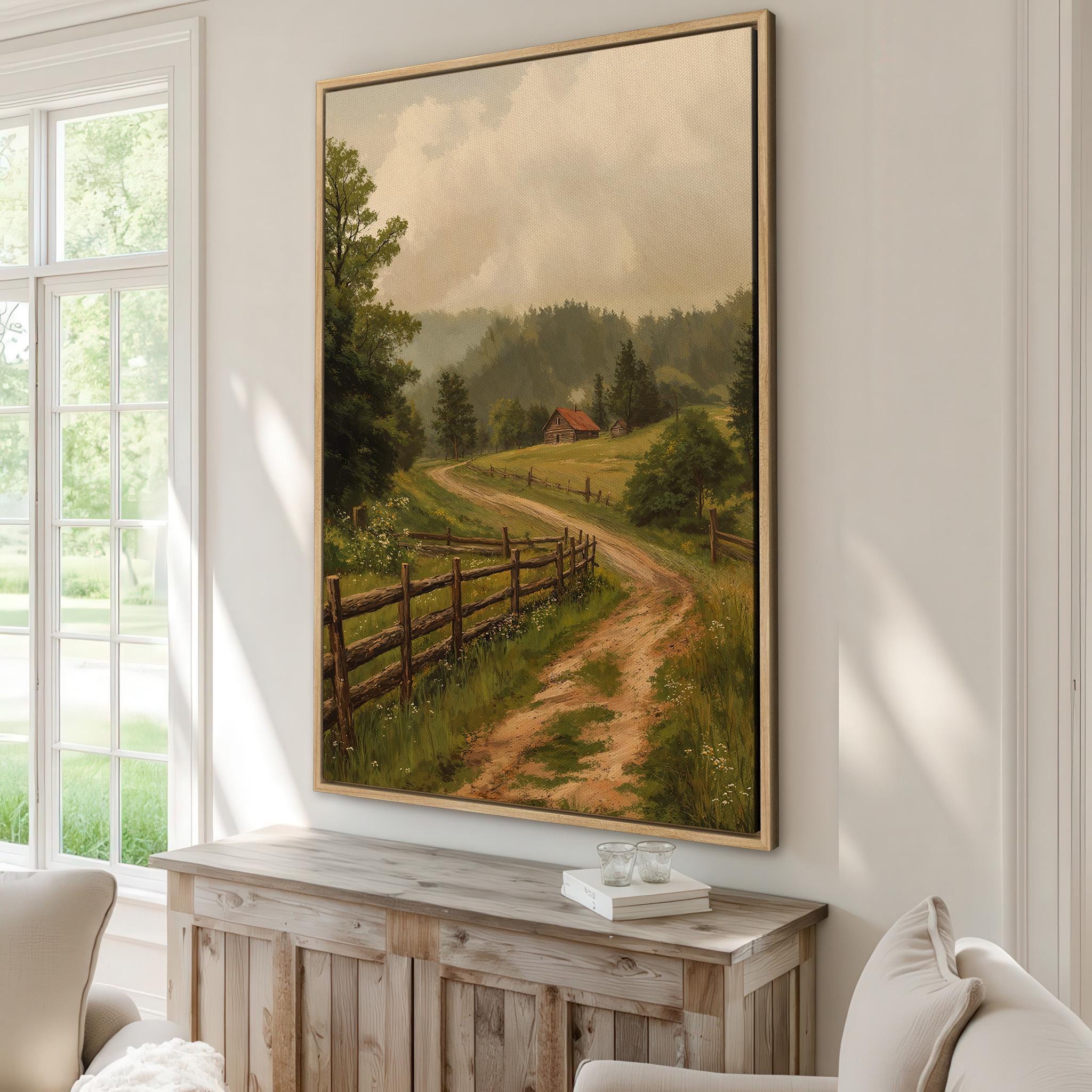 Rustic Country Path Framed Canvas Print, Rural Landscape Art, Scenic Nature Scene Painting, Countryside Decor, Gift for Dad, Ready to Hang