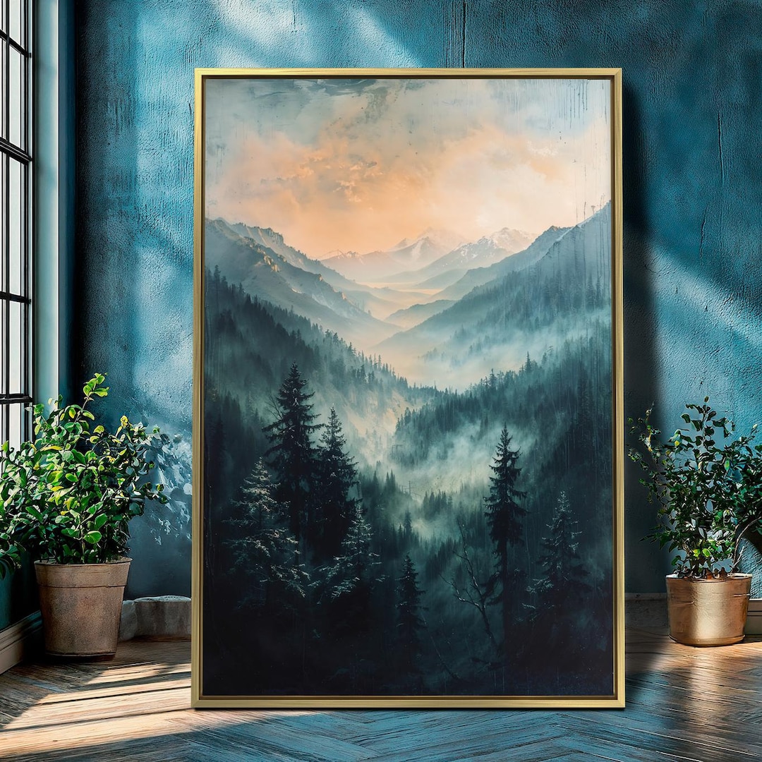 Misty Sunrise and Forest Mountains Framed Canvas Wall Art Wilderness ...