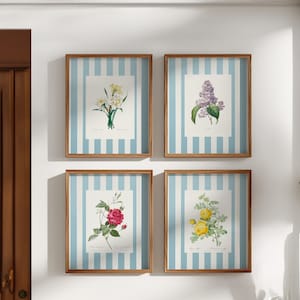 Conjunto de impressão de flores botânicas vintage com fundo listrado azul - Arte de parede francesa Cottagecore (conjunto de 4)