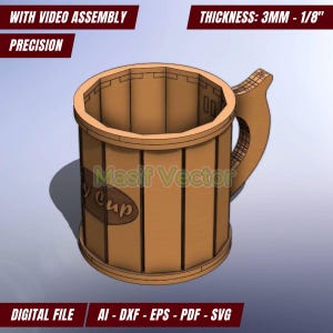 Op de afbeelding: Een houten mok met een handvat, met de tekst "My Cup" aan de voorkant. De mok is gemaakt van 3 mm dik hout en is ontworpen om te worden geassembleerd met behulp van video-instructies.