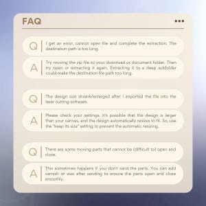 Laser cutting design FAQ image showing solutions for file extraction errors, resizing after import, and moving parts issues.