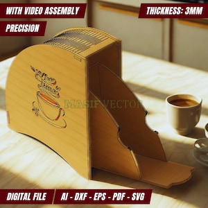 File tagliati al laser - Scatola portafiltri per caffè in formato SVG / Coperchio con cerniera e tazza con incisione "Coffee Time" / Organizzatore da cucina fai da te