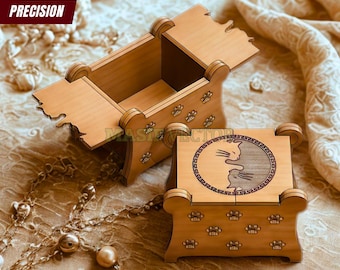 Drewniana szkatułka na biżuterię: Yin Yang Lucky Cat wycinana laserowo do pudełka na pamiątki (do pobrania w wersji cyfrowej)