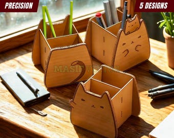 Pojemnik na długopisy z motywem kota, pliki wycinane laserowo: Pojemnik na ołówki do organizera na biurko SVG (do pobrania cyfrowego)