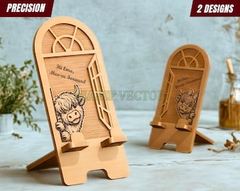 Soporte para teléfono personalizado con diseño de vaca de las Tierras Altas (SVG): Accesorios de escritorio de madera cortados con láser Corte (descarga digital)