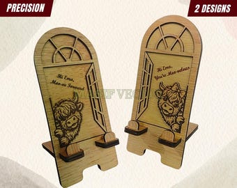 Laser Cut Files : Personalized Highland Cow Phone Stand SVG | Wood Desk Accessories (Digital Download)