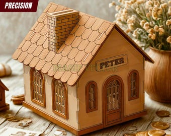 Hucha de madera con forma de casa cortada con láser (archivo digital): Hucha de madera para hacer tú mismo.