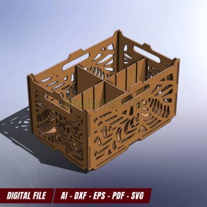 Side detail of laser cut handle and floral pattern on stackable storage box.