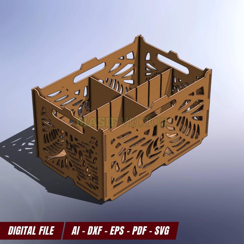 Side detail of laser cut handle and floral pattern on stackable storage box.