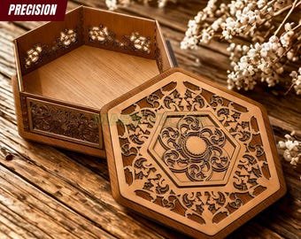 Pudełko na pamiątki ślubne: Sześciokątne pudełko na biżuterię wycinane laserowo z drewna (wersja cyfrowa do pobrania)