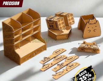 Zestaw wycinany laserowo SVG: uchwyty na długopisy, podstawka na biurko, okulary w kształcie kota, drewniana linijka (do pobrania w wersji cyfrowej)