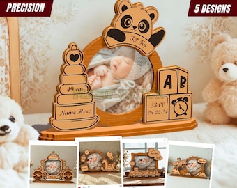 Laser Cut Photo Frame Bundle : Personalized and Engraved Newborn Name Sign for Nursery Decor