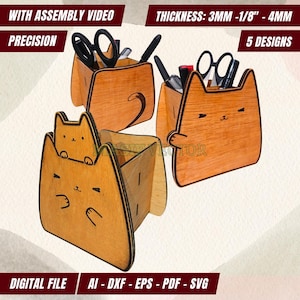 Lasergesneden bestanden: Kattenpennenhouder SVG | Houten pennenbakje voor op je bureau