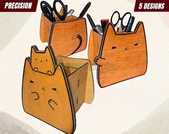 Archivos de corte láser: Portalápices con forma de gato (SVG) / Caja de madera para lápices (organizador de escritorio)