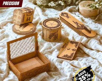 Pakiet wycinany laserowo SVG: Pudełko z irysami, Pudełko na biżuterię, Uchwyty na długopisy, Drewniana koperta (Pobranie cyfrowe)